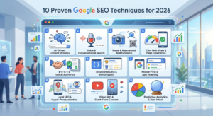 Google search engine optimization techniques for 2026 infographic showing modern SEO strategy
