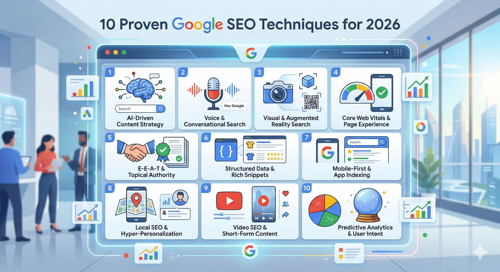Google search engine optimization techniques for 2026 infographic showing modern SEO strategy